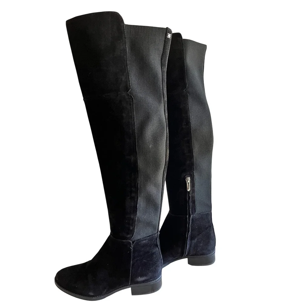 Sam Edelman Black Suede Over The Knee Tall Stretch Boots Low Block Heel Size 8.5